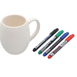 White Ceramic Cup with Handle and 4 Colored Waterproof Markers (13.52 Oz.)